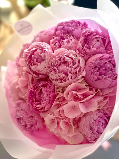 A bouquet of large, peony flowers with soft pink petals, arranged in a rounded cluster. The peonies display a mix of fully opened blooms and tightly closed buds, showcasing their ruffled textures and